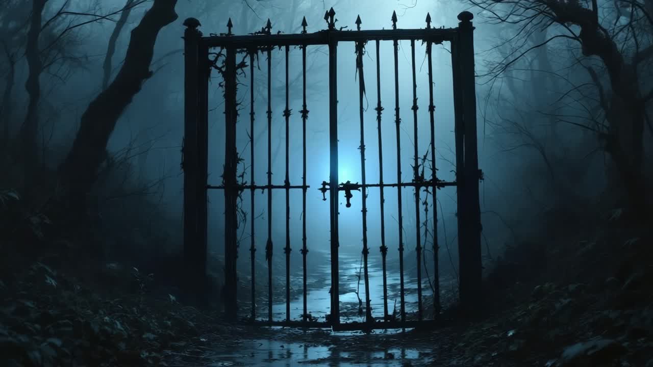 Mysterious wrought iron gate slowly opening in foggy forest with eerie blue light illuminating path
