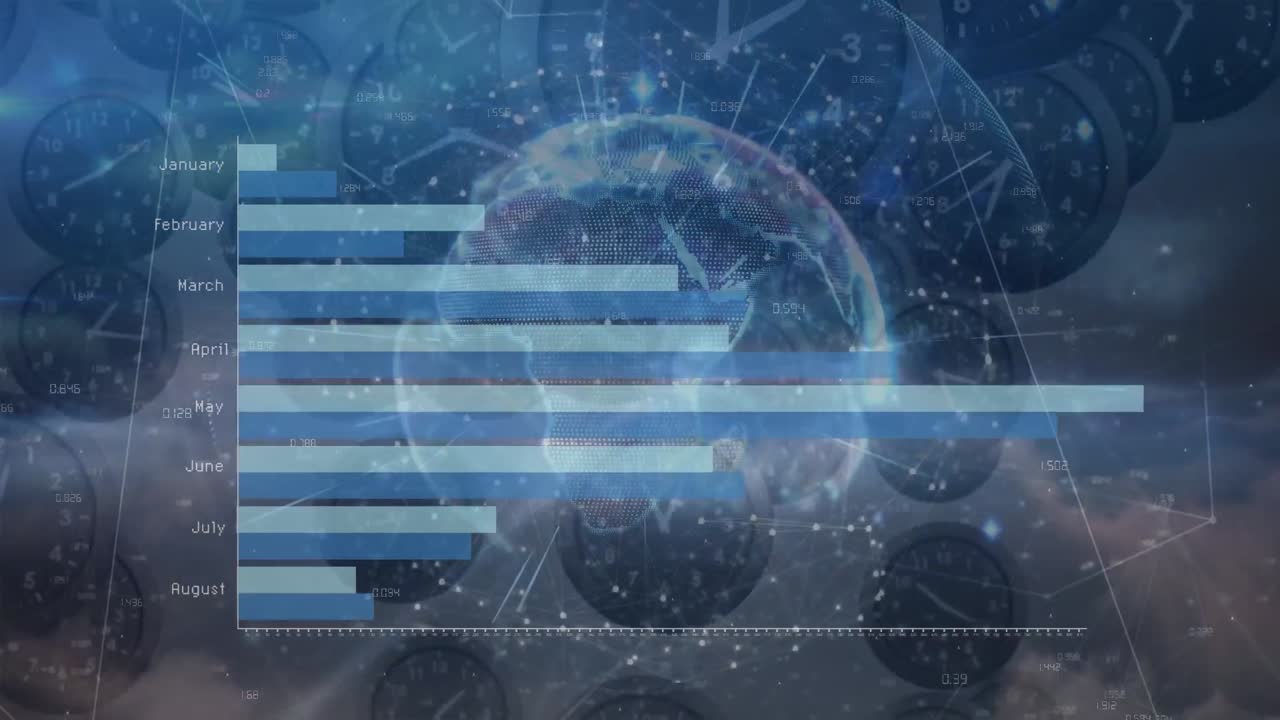 animación de gráficos y globo sobre relojes que caen