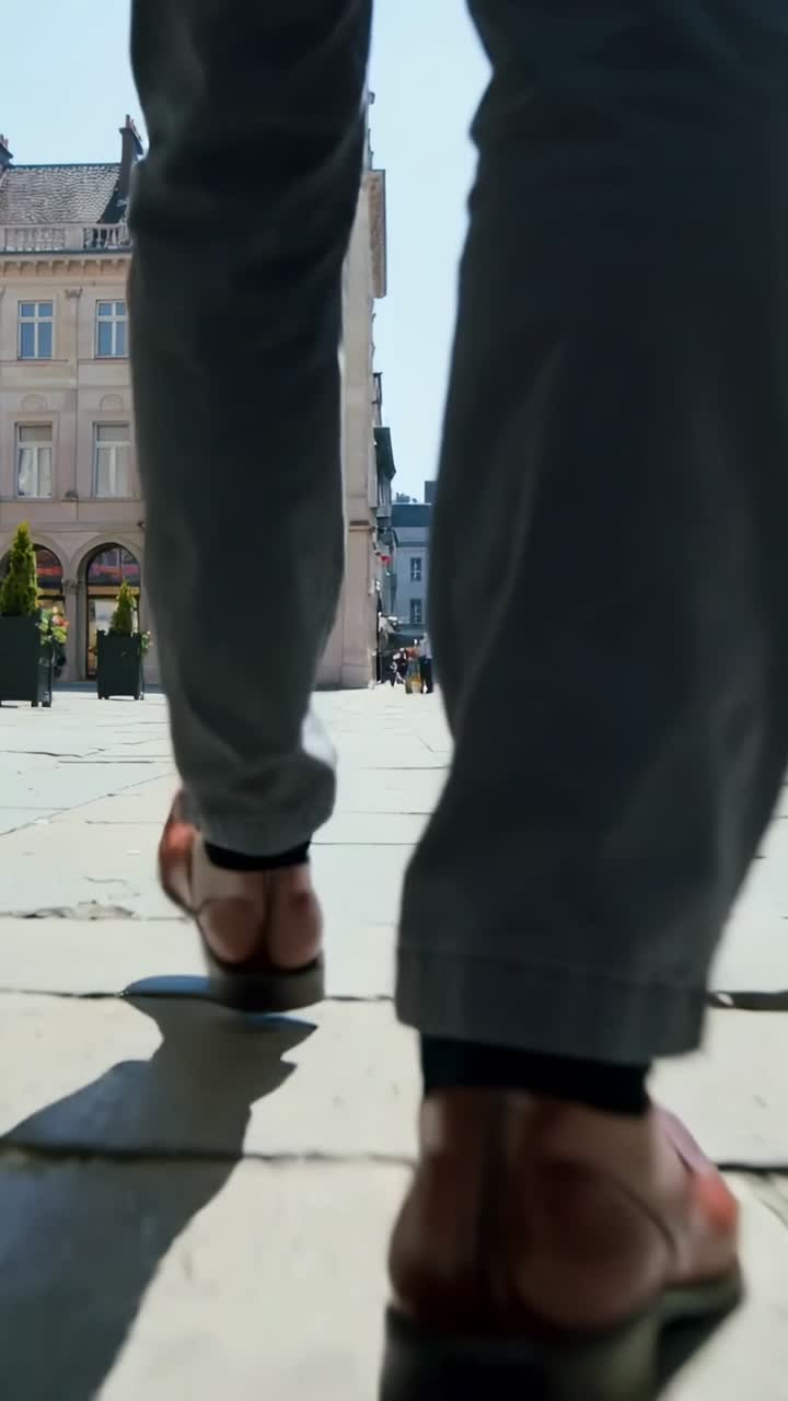 Video verticale: Uomo con pantaloni grigi che cammina verso una torre mentre la telecamera inizia a mostrare scarpe marroni