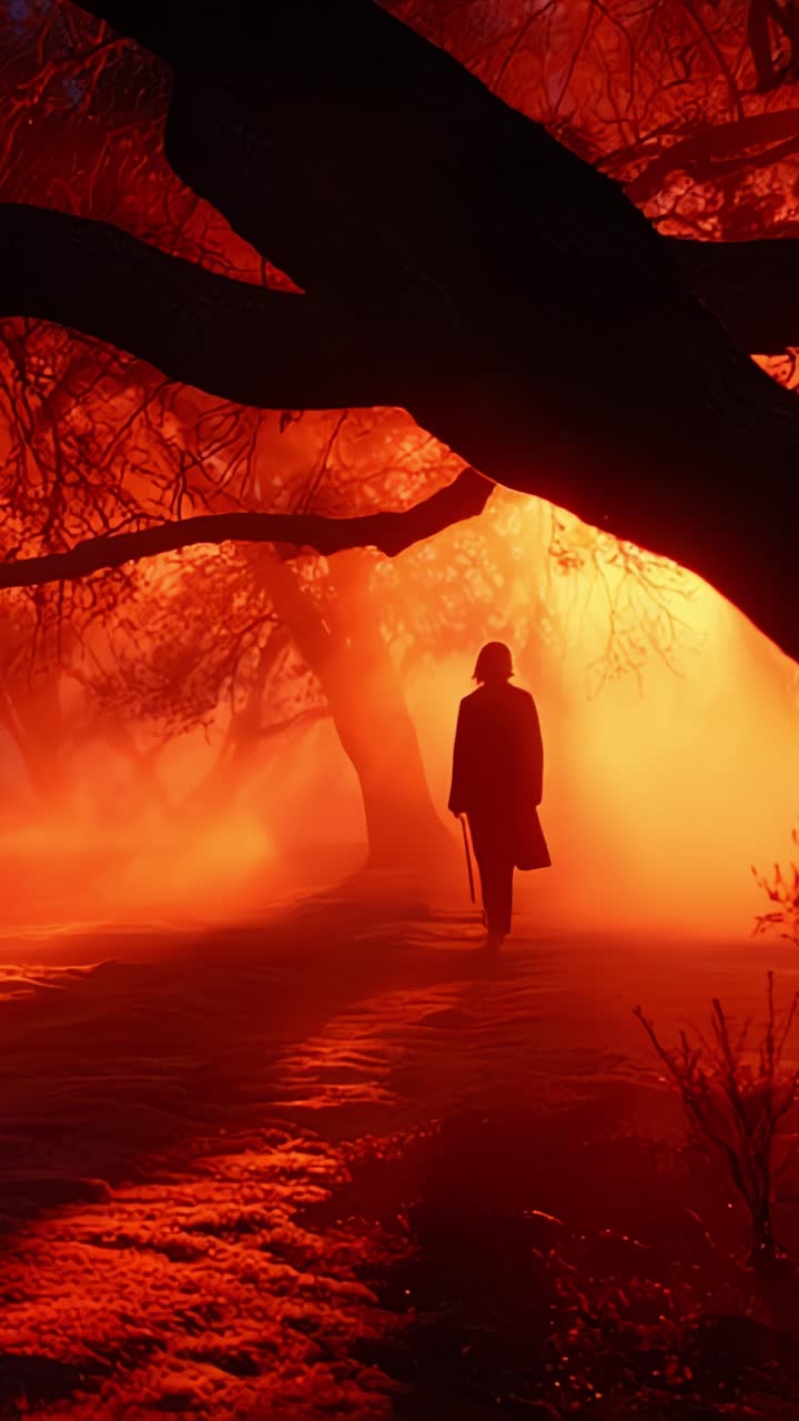 Una figura solitaria camina a través de una niebla etérea, rodeada de intensos tonos anaranjados y rojizos, creando una atmósfera surrealista bajo ramas retorcidas y una luz brillante