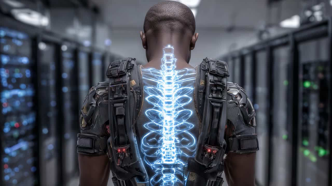 Fremtidsagtig cyborg med glødende rygsøjle i datacenter: En blanding af teknologi og menneskehed, der fremviser avancerede kybernetiske forbedringer og et digitalt miljø.