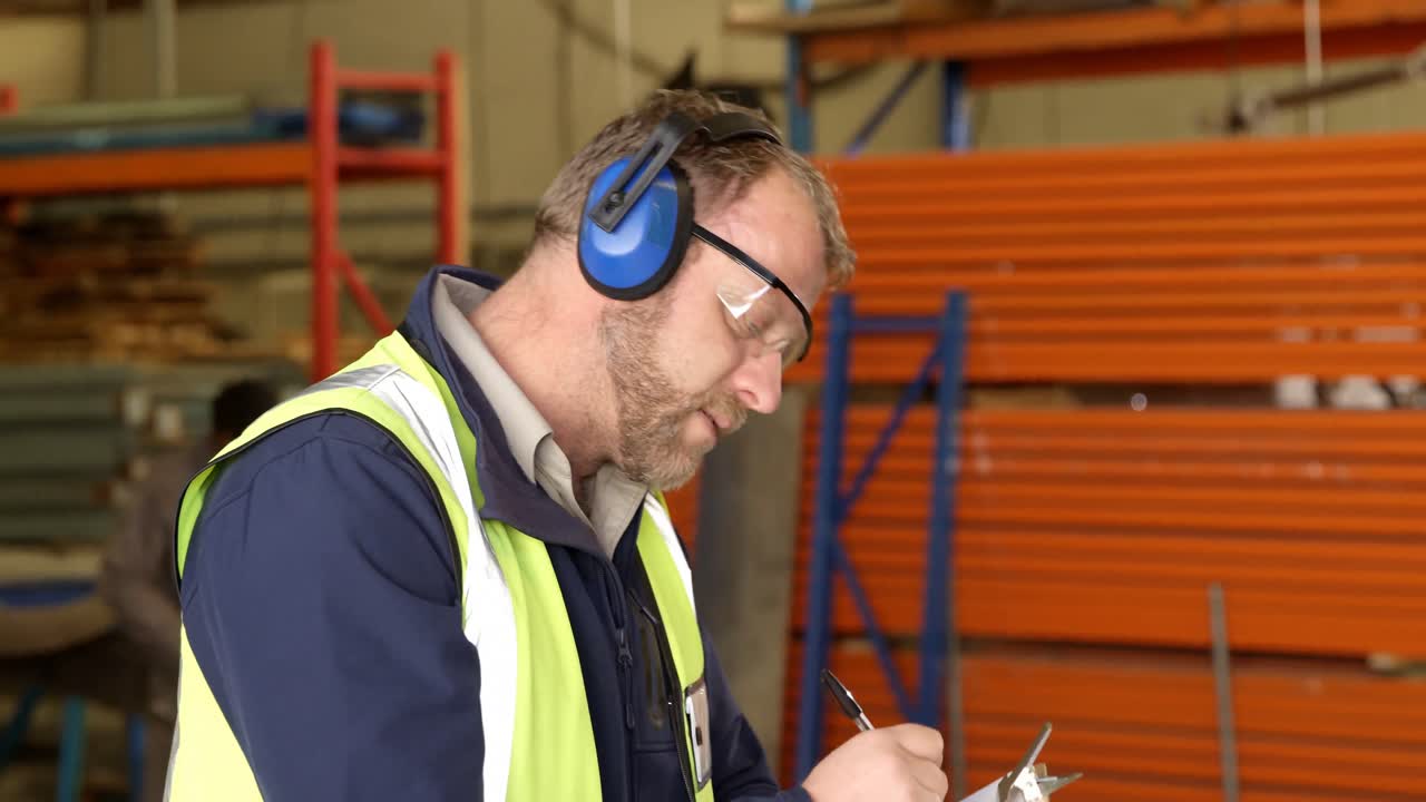 Worker writing on clipboard in rope making industry 4k