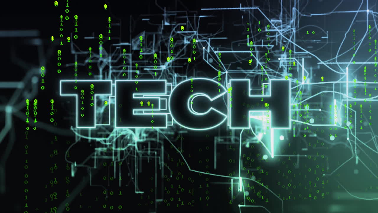 Animation of tech text over data processing and connections on black background