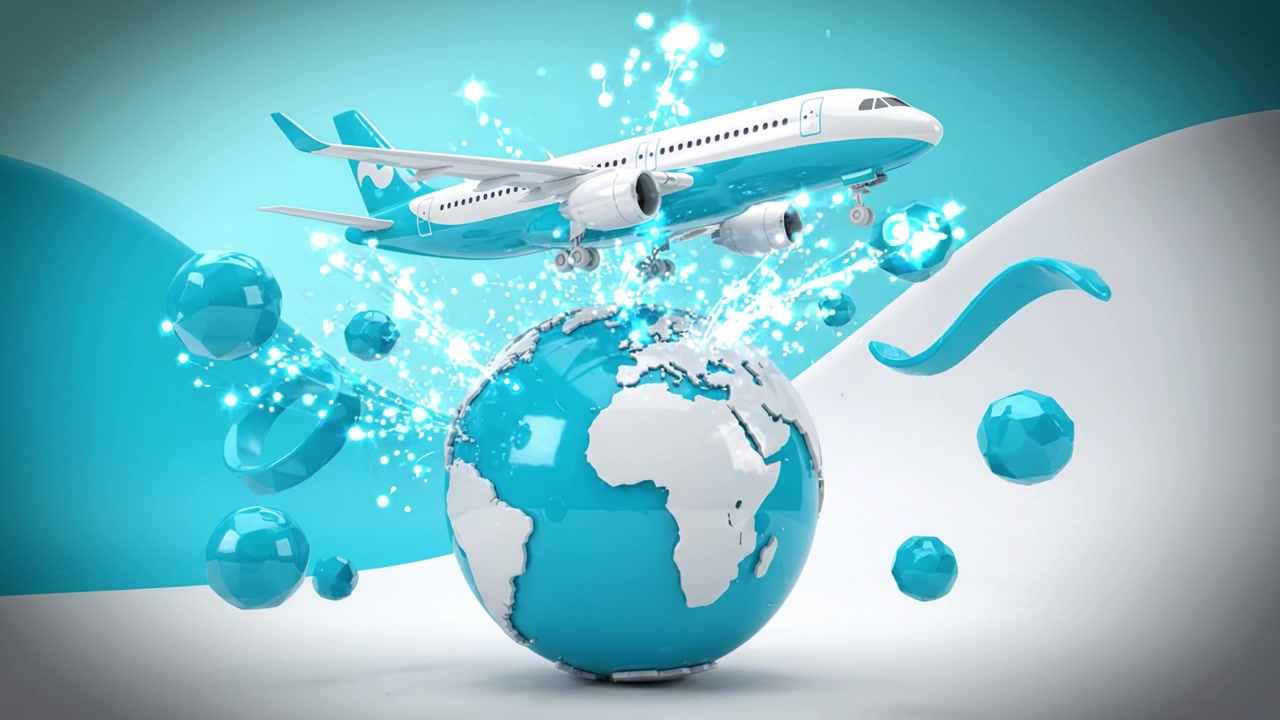 A Stylishly Designed Airplane Takes off Above a Vibrant Globe Emphasizing Global Connectivity and Modern Travel in a Contemporary Blue and White Background