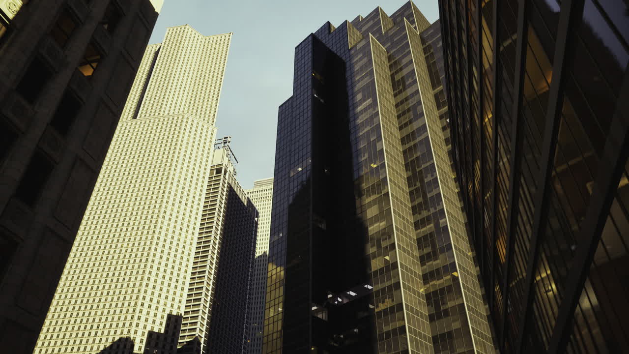 City skyline showcases tall buildings and bright architecture in sunlight