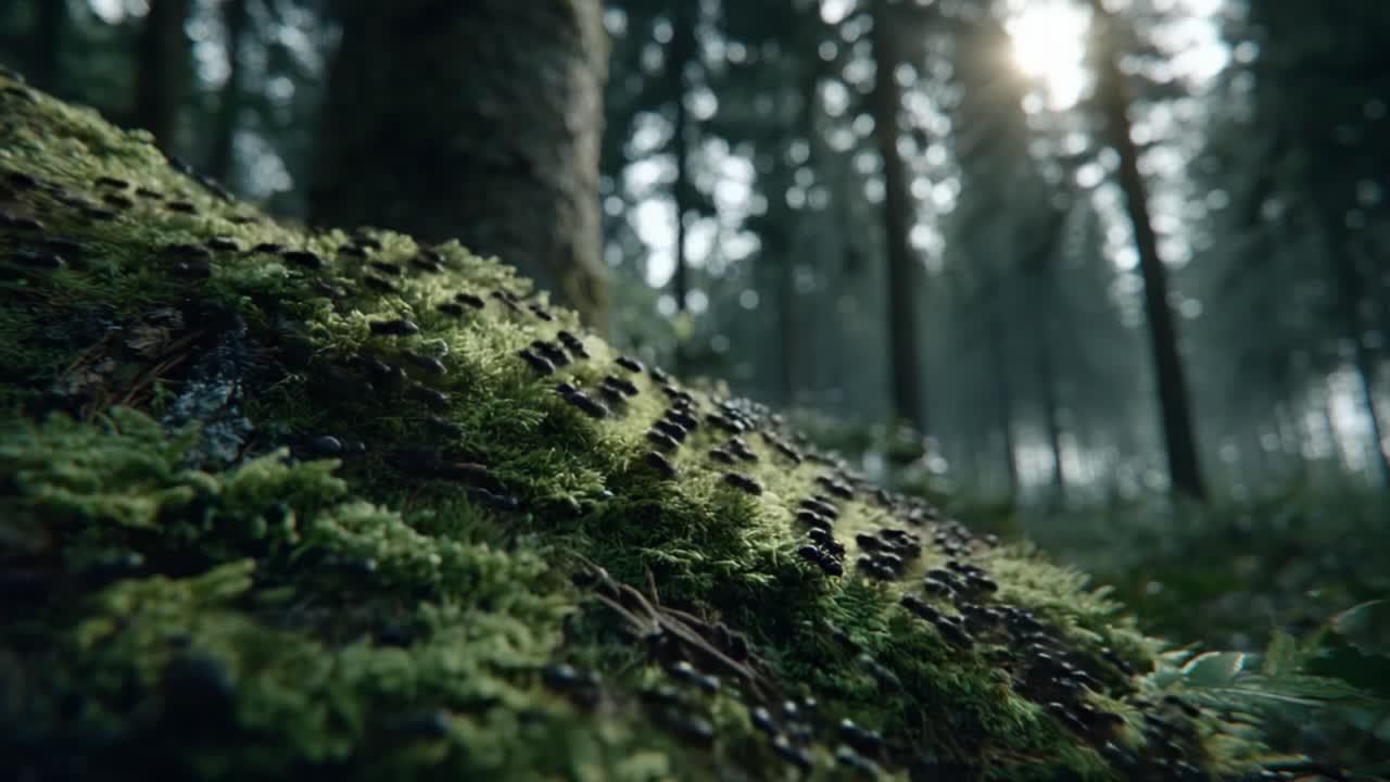 A Serene Forest Scene Featuring Lush Green Moss and Intricate Details of Fungi, Bathed in Soft Sunlight Filtering Through Tall Trees in a Tranquil Woodland Setting