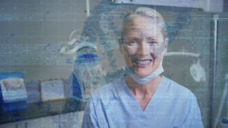 animación de la hilera de adn girando y procesamiento de datos sobre una doctora caucásica