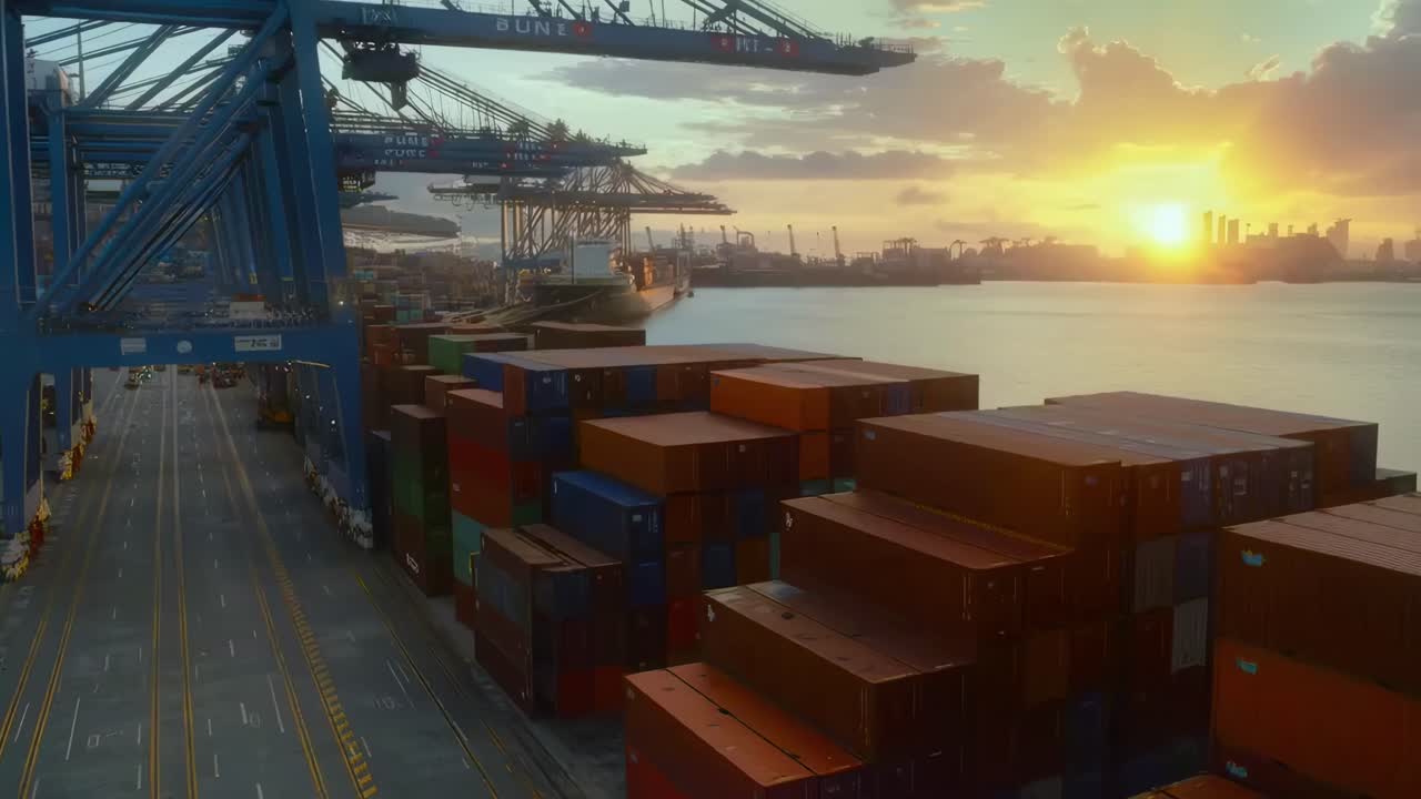 Ripresa video dal basso di una gru che solleva container al tramonto, evidenziando l'efficienza industriale.