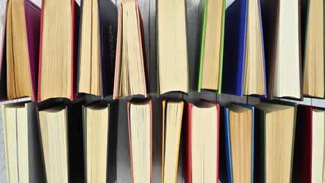 pale of vintage retro hardcover books ordered in two lines move on wooden table. flat lay stop motion