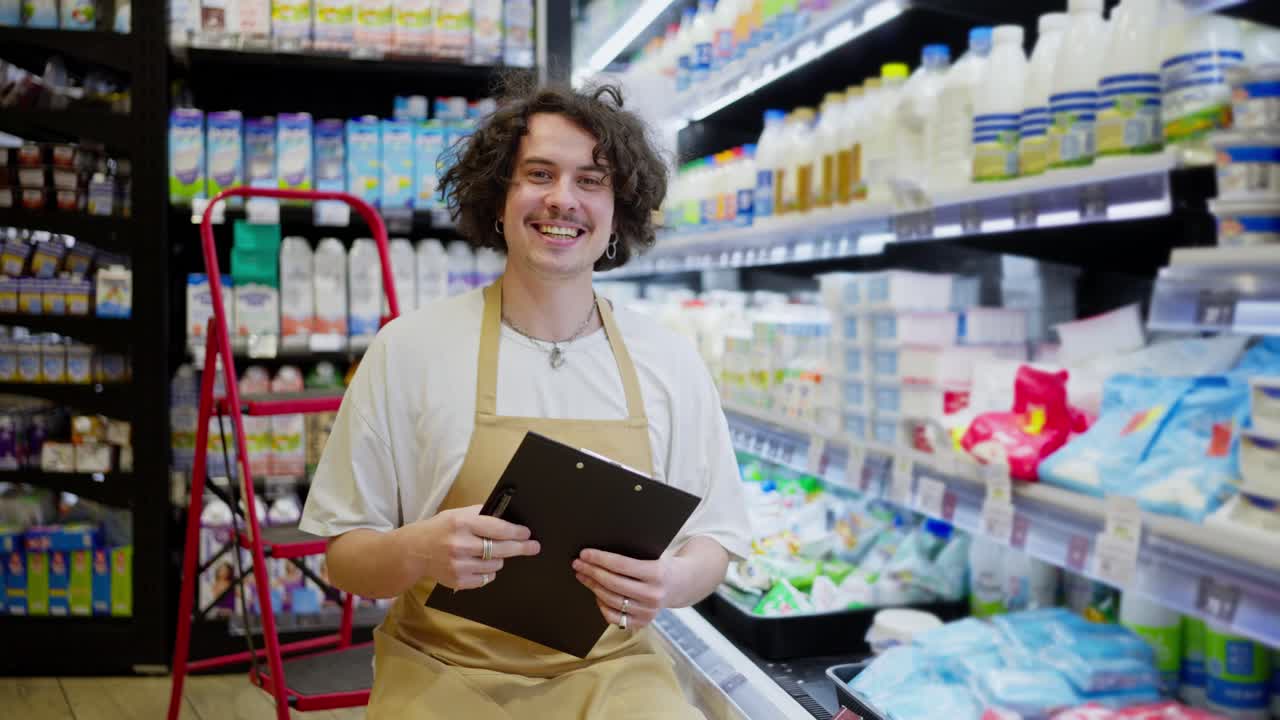 retrato de un tipo feliz con el cabello rizado en un delantal amarillo haciendo inventario y sosteniendo una tableta en sus manos en la sección de lácteos de un supermercado