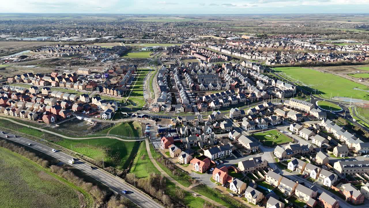 New build houses Wintringham St Neots UK drone,aerial high angle