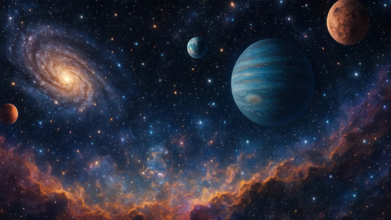 A cosmic video scene featuring a wide-angle view of a vibrant galaxy, planets, and nebulae