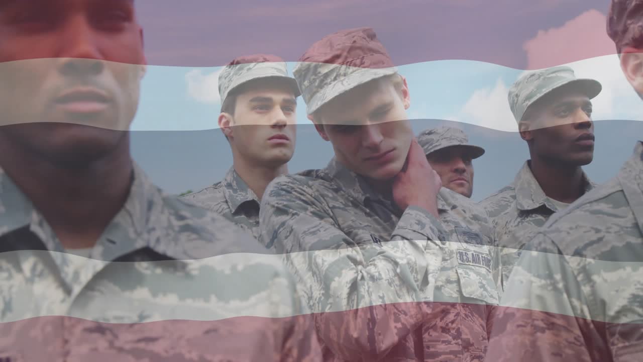 Uniformed soldiers holding formation during defense training, with transparent flag overlay waving