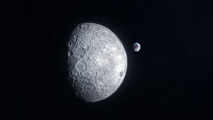 O Lado Escuro da Lua Mostrando Estruturas de Cratera e a Terra Revelada