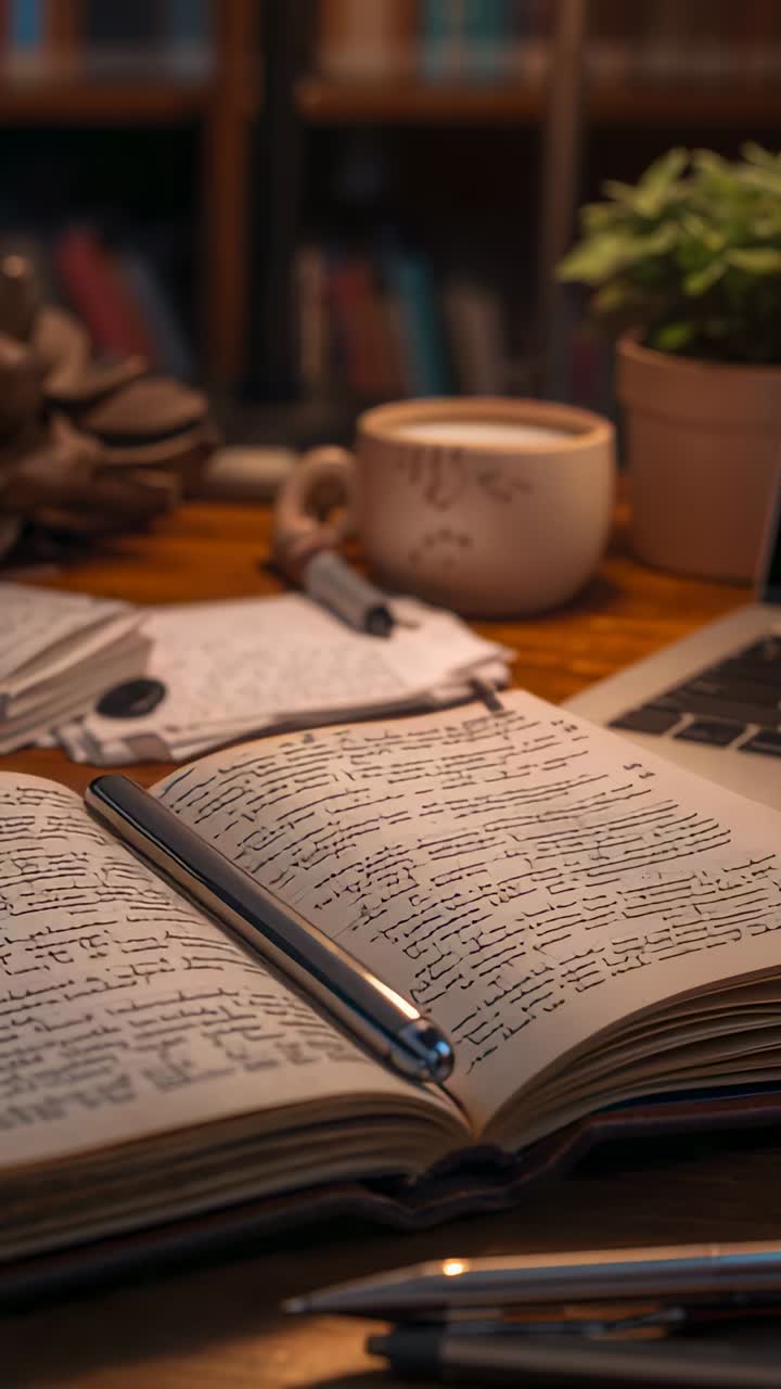 Video verticale: Telecamera che si sposta rivelando un quaderno aperto con una penna sulla scrivania, mostrando una tazza e una pianta
