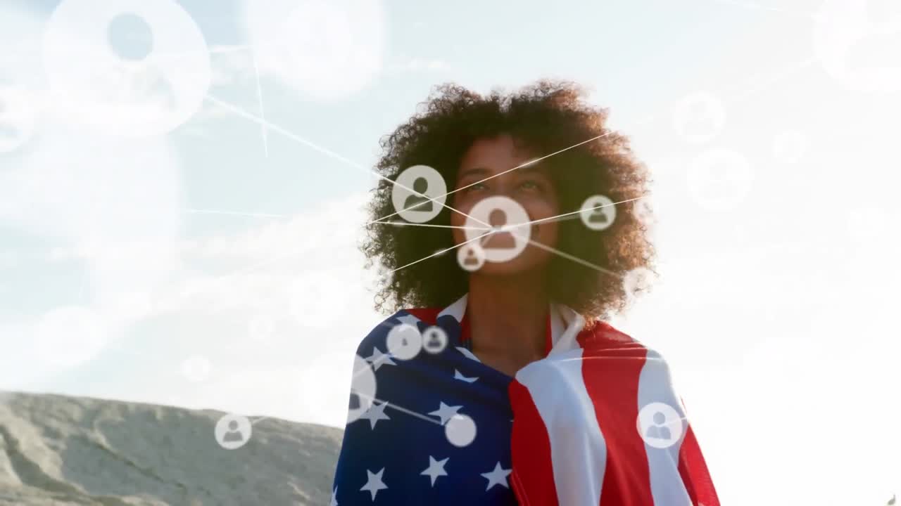 animación de una red de conexiones sobre una mujer feliz en la playa