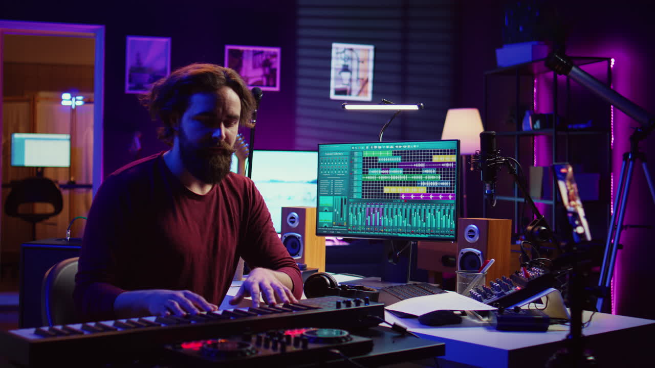 un maestro de piano profesional capacitado lleva a cabo una clase magistral en línea a través de una lección de video