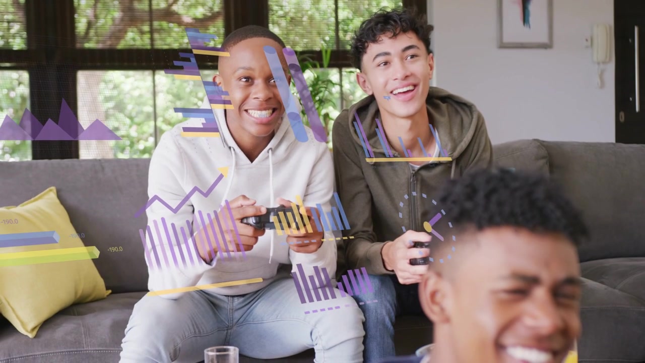 Three teen boys gaming in lounge, front teen tapping phone, charts popping up, friends cheering win
