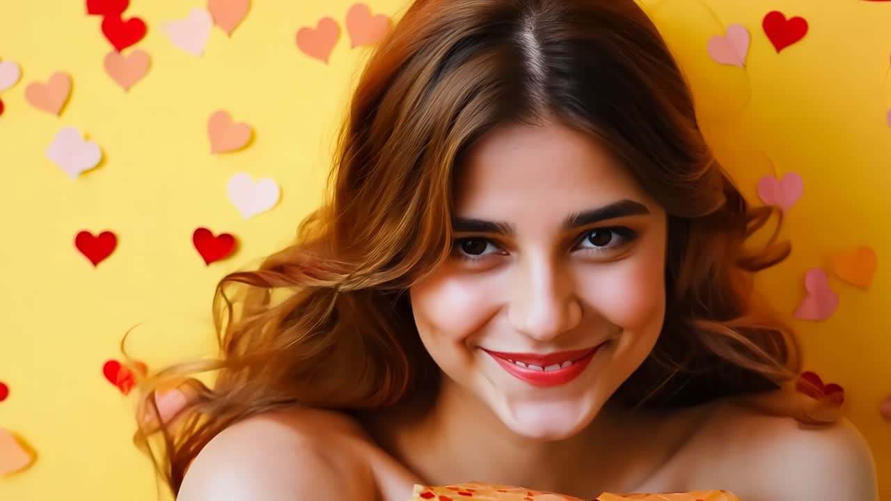 una mujer sosteniendo un regalo frente a un fondo amarillo con corazones