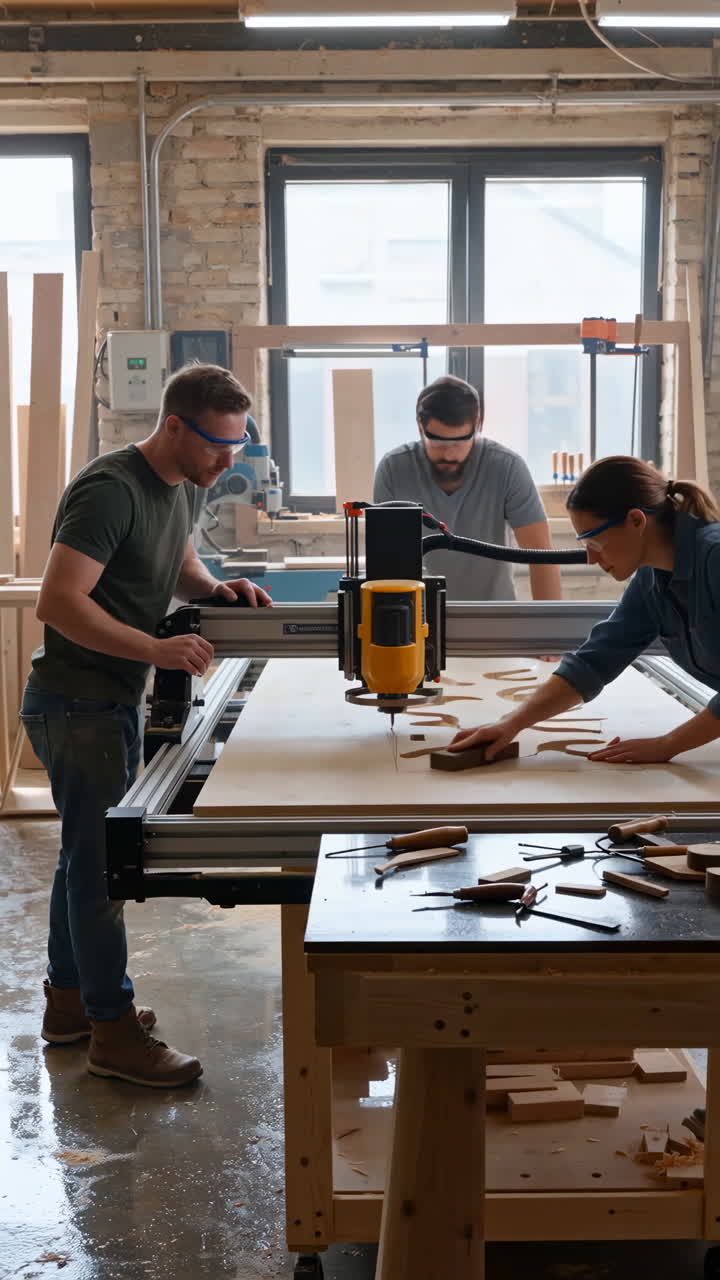 People working with a CNC machine in a woodworking workshop