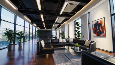 modern office lounge with contemporary design and large windows