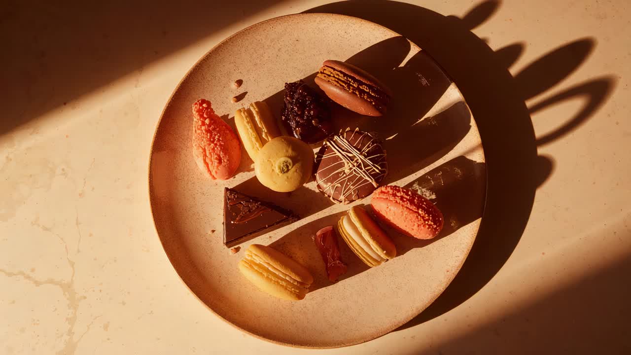 Shifting sunlight revealing plate with macarons chocolate crumbs on stone counter as sun shifts