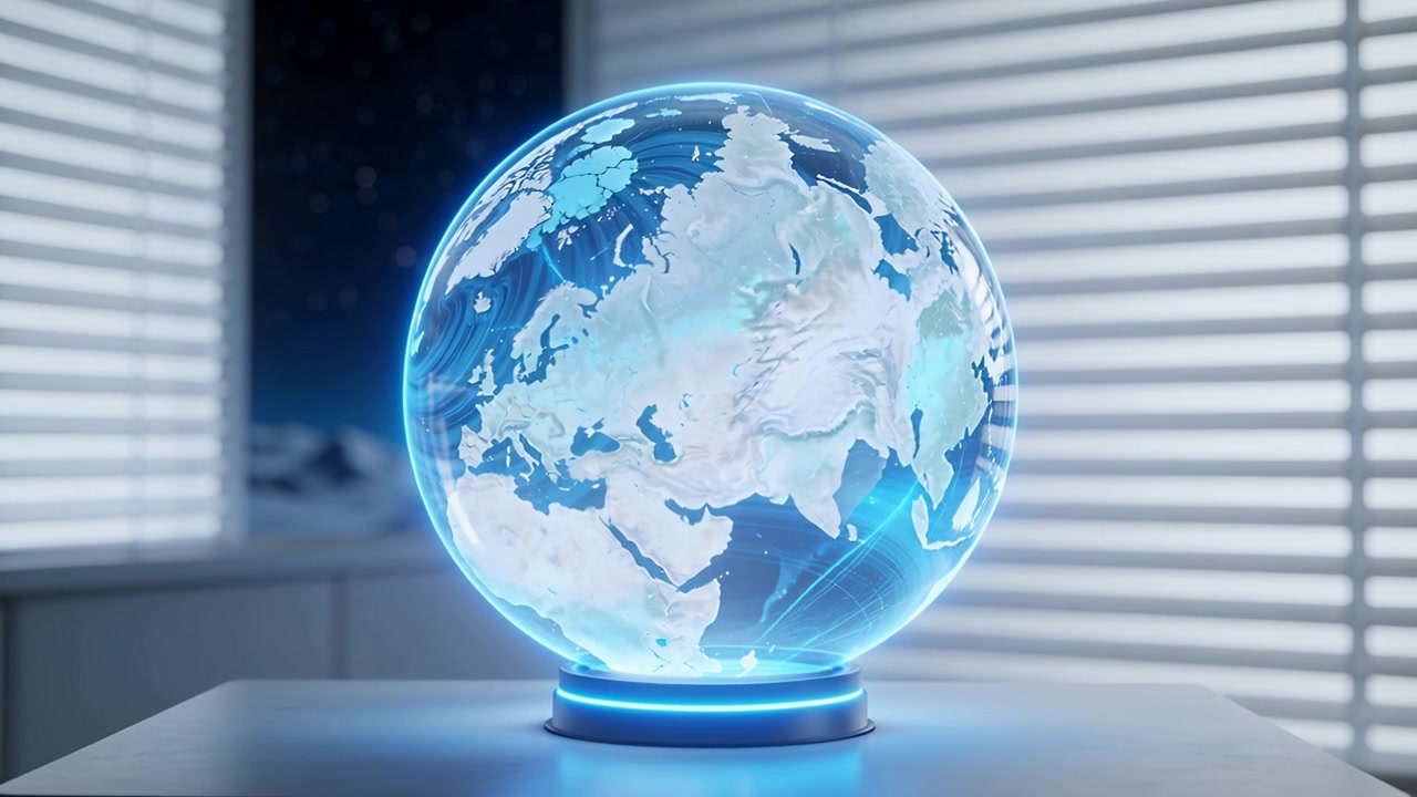 Pyörivä hologlobi käynnistyy paljastaen Euraasian ja Intian pöydällä esillä valaistulla jalustalla