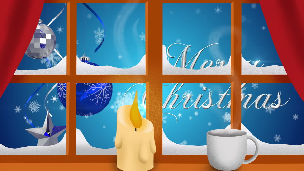 메리 크리스마스 텍스트와 장식 위에 창문 프레임에 불타는  ⁇ 불과 커피 컵