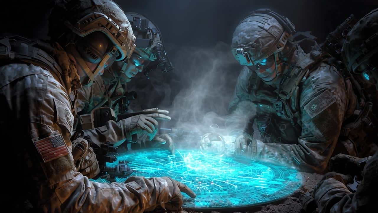 Vojenský personál se věnuje taktickému plánování pomocí hologramu