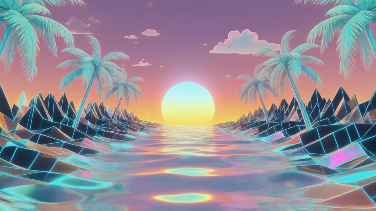 Palmiye Ağaçları ve Parlayan Gün Batımı ile Retro Synthwave Manzarası