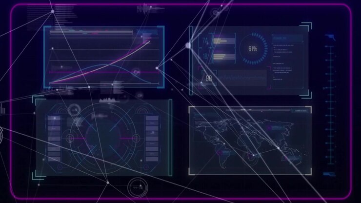Neon-framed dashboard popping up animating four data panels graphs and nodes showing realtime data