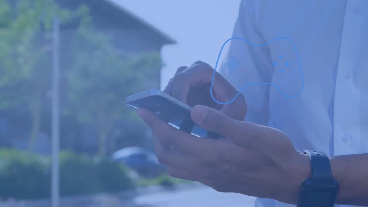 스마트폰을 사용하는 사람 위에 아이콘의 애니메이션