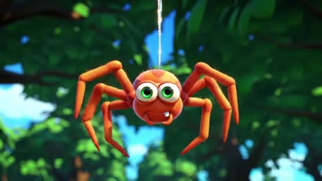 a playful cartoon spider character with big eyes and an engaging expression suspended among lush greenery in a vibrant animated setting