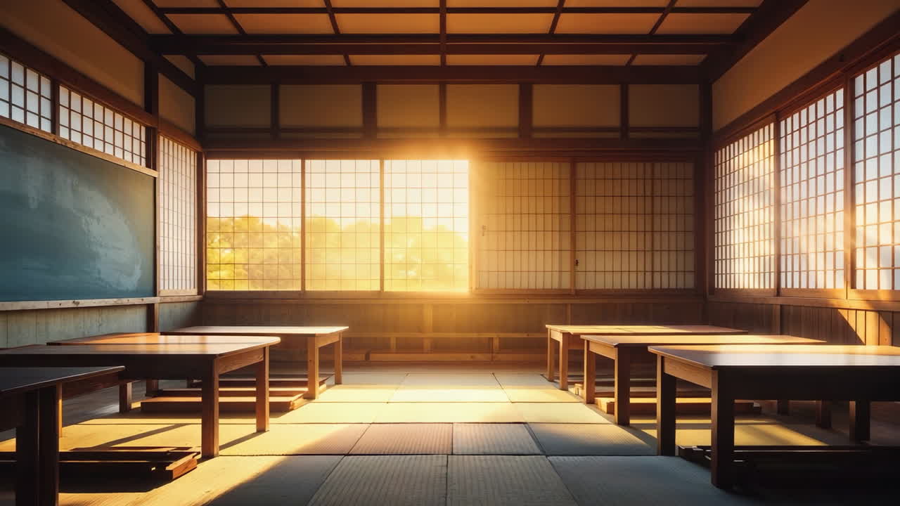 Traditional Japanese Classroom Bathed in Golden Sunlight