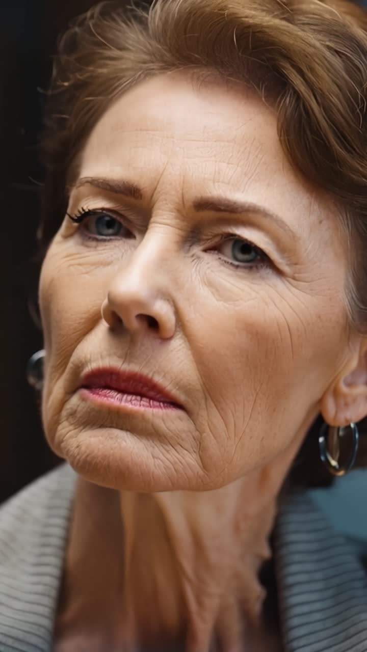 Donna con espressione pensierosa, che indossa gioielli discreti. Il suo sguardo suggerisce una tranquilla riflessione o preoccupazione. L'illuminazione naturale esalta le sue caratteristiche mature.