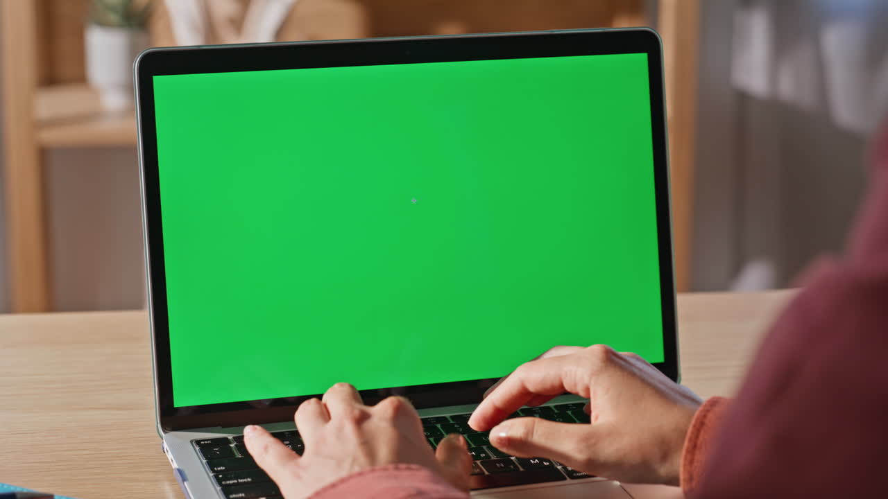 Fingers texting mockup computer at modern sunny workplace closeup. Woman working