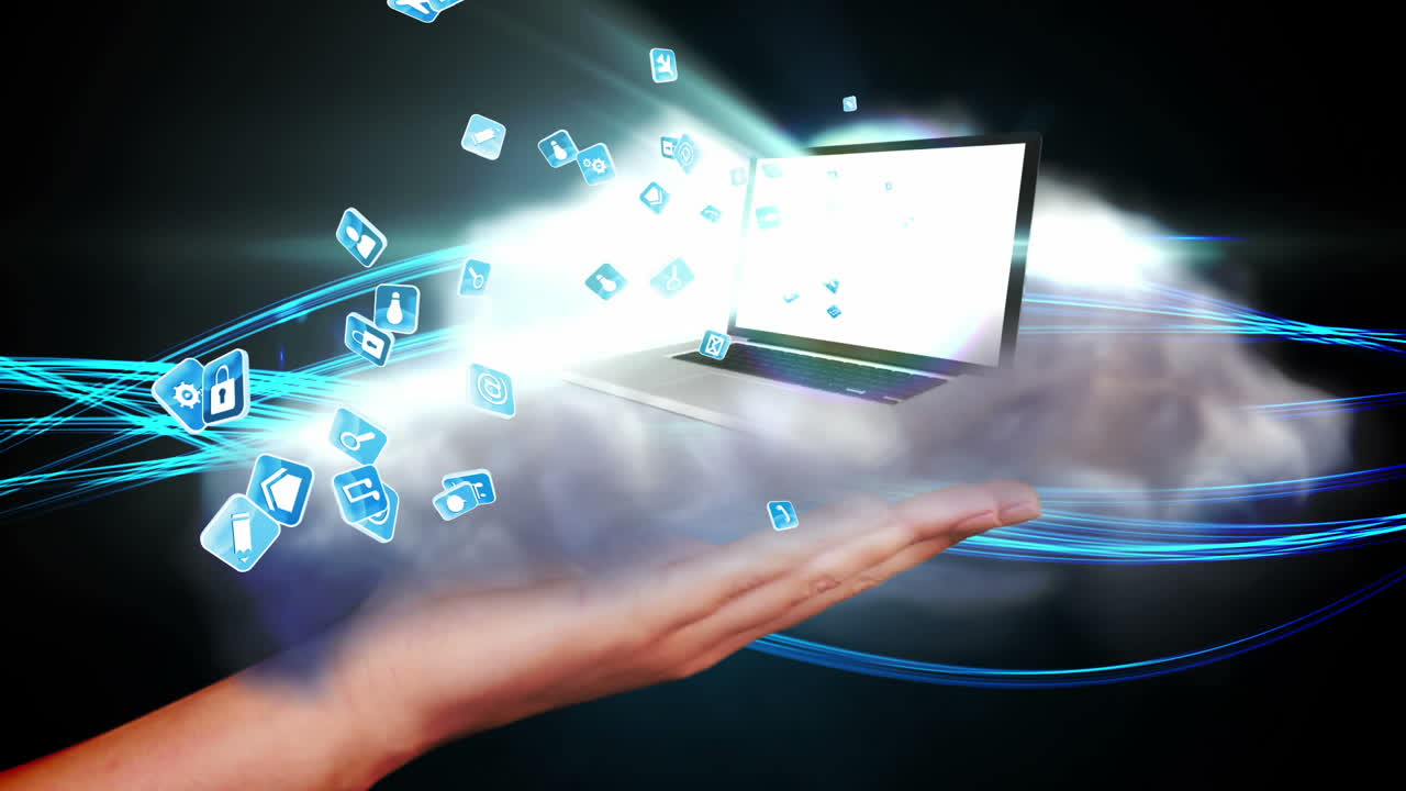 웨이브 디자인에 대한 노트북 및 앱 아이콘을 손으로 제시합니다.