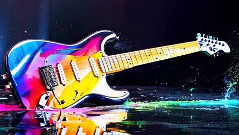 a colorful electric guitar with colorful paint splatters on it