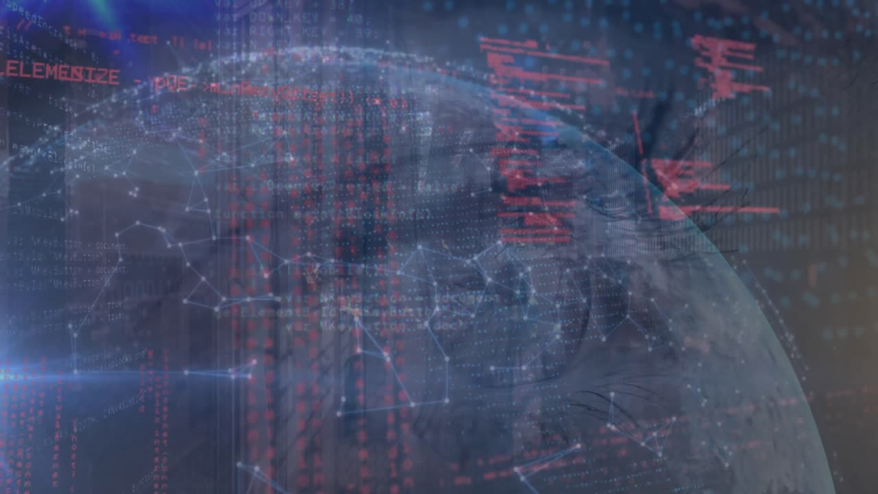 Animasi jaringan koneksi dan pemrosesan data di atas bola dunia dan close-up mata wanita