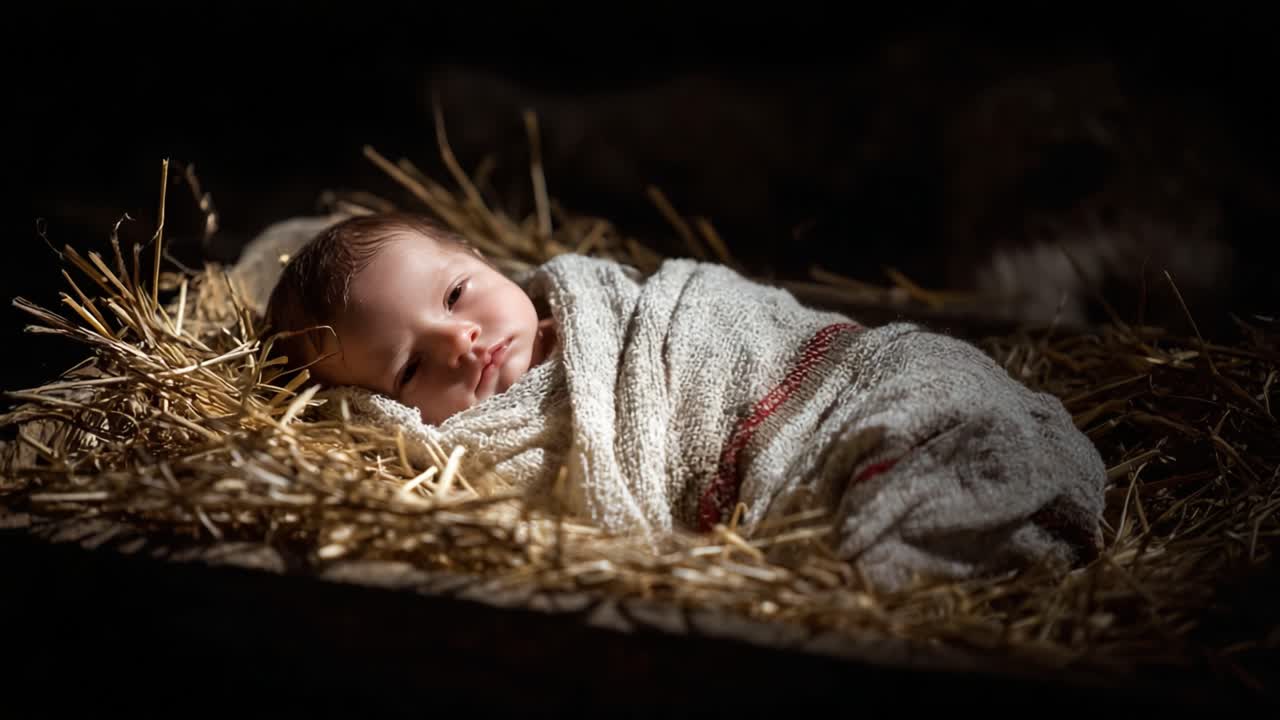 A Serene Moment: A Sleeping Infant Wrapped in a Cozy Blanket, Nestled Amongst Straw, Capturing the Essence of Innocence and Peace in a Gentle Atmosphere