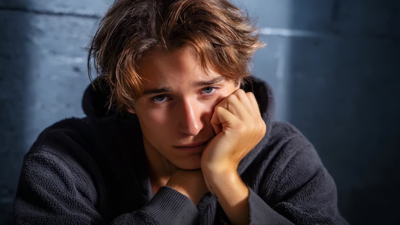 A Reflective Moment Captured: A Thoughtful Young Man Lost in Contemplation with His Head Resting on His Hand, Radiating Emotions of Pensive Melancholy and Quiet Introspection in a Softly Lit Room