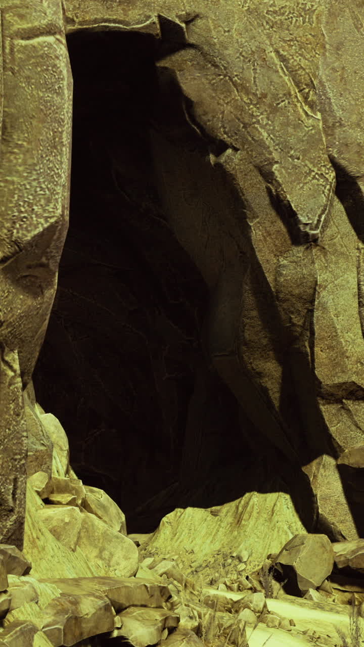 Exploration of an ancient cave amidst rugged rocky terrain at dusk