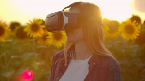 Una-Joven-Inspecciona-Un-Campo-Con-Girasoles-Con-Gafas-De-Realidad-Virtual.-Utiliza-Tecnologías-Modernas-En-Las-Noches-De-Verano.