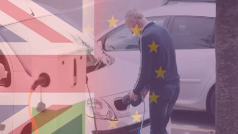 Flagge-Von-Großbritannien-Und-Der-Europäischen-Union-über-Mann,-Der-Ein-Elektroauto-Lädt