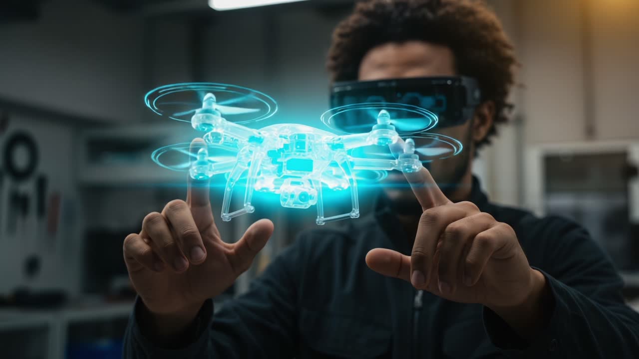 Exploring Advanced Technology: A Person Interacts with a Futuristic Drone Using Augmented Reality Glasses in a Modern Workshop Environment