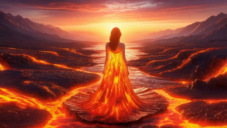 woman in a fiery dress in a volcanic landscape at sunset