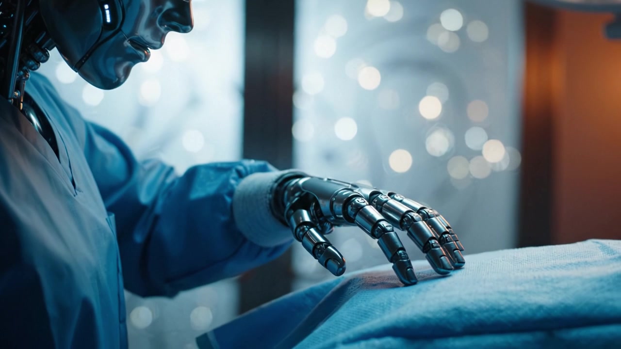 Futuristic Medical Robot Preparing for Surgery with Advanced Technology and Precision in an Operating Room Setting, Highlighting Human-Creativity Synergy.