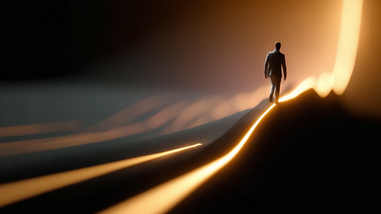 A solitary figure walks along a glowing path, symbolizing a journey through darkness toward enlightenment, with light illuminating the way ahead