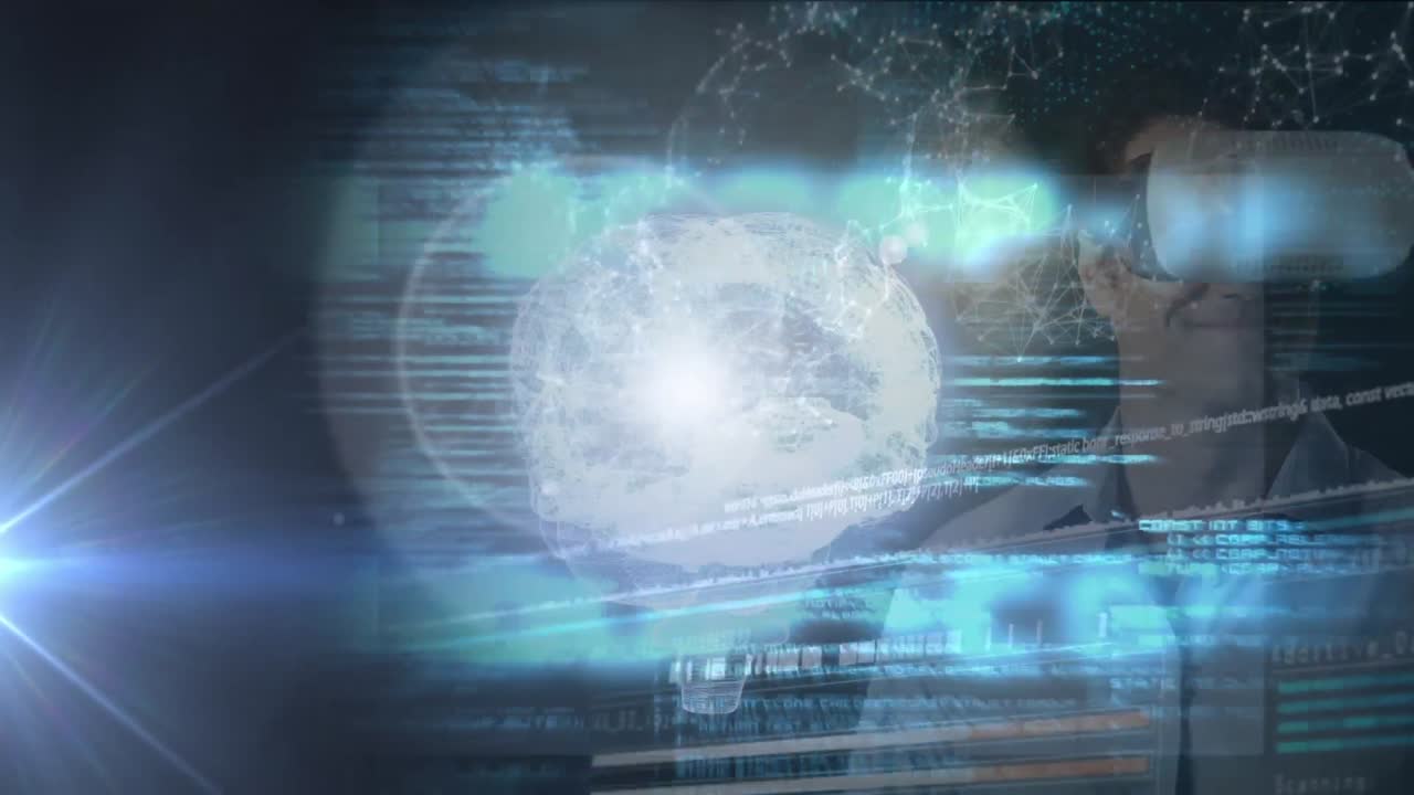 vr 헤드 ⁇ 을 착용한 사업가와 인간의 뇌를 통해 데이터 처리의 애니메이션