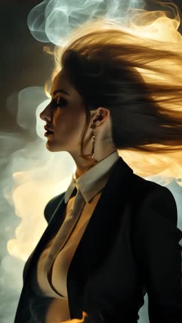 portrait of a woman with fiery background and swirling smoke effects